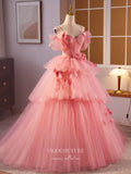 Prom Dress 2025 Pink Floral Off the Shoulder Prom Dresses Tiered Tulle Quinceanera Dress 24395-unique elegant Prom Dresses-Pink-Custom Size-vigocouture