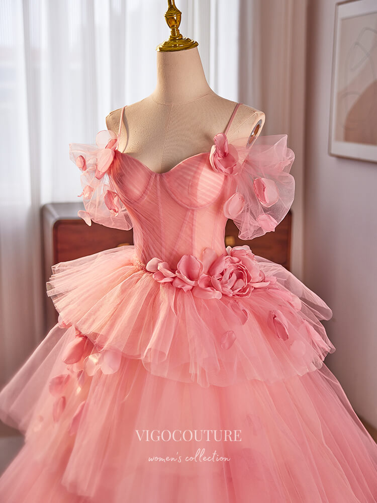 Prom Dress 2025 Pink Floral Off the Shoulder Prom Dresses Tiered Tulle Quinceanera Dress 24395-unique elegant Prom Dresses-Pink-Custom Size-vigocouture