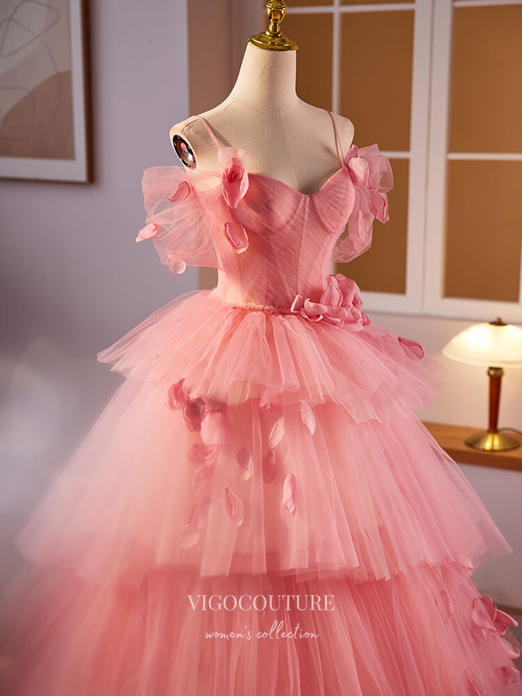 Prom Dress 2025 Pink Floral Off the Shoulder Prom Dresses Tiered Tulle Quinceanera Dress 24395-unique elegant Prom Dresses-Pink-Custom Size-vigocouture