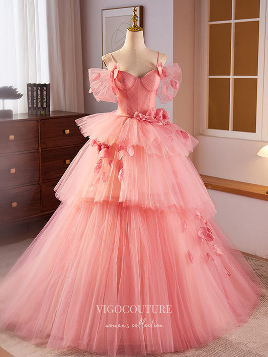 Prom Dress 2025 Pink Floral Off the Shoulder Prom Dresses Tiered Tulle Quinceanera Dress 24395-unique elegant Prom Dresses-Pink-Custom Size-vigocouture