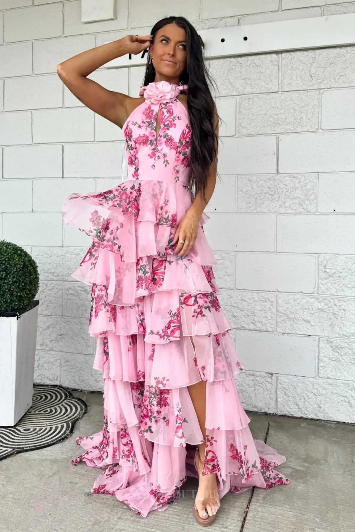 Pink Floral Print Tiered Ruffle Prom Dress with Halter Neck & 3D Rose Collar FP001 Pink Floral Print Tiered Ruffle Prom Dress with Halter Neck & 3D Rose Collar FP001
