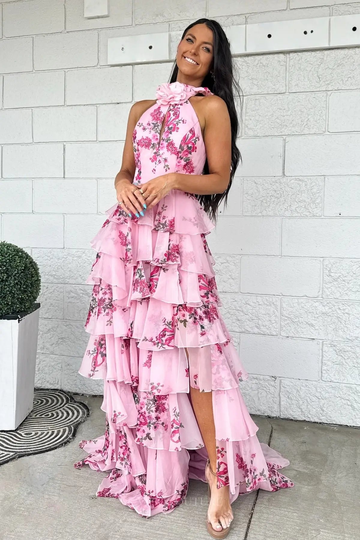 Pink Floral Tiered Ruffle Halter Prom Dress with Rose FP001 vigocouture Pink Floral Tiered Ruffle Halter Prom Dress with Rose FP001 vigocouture