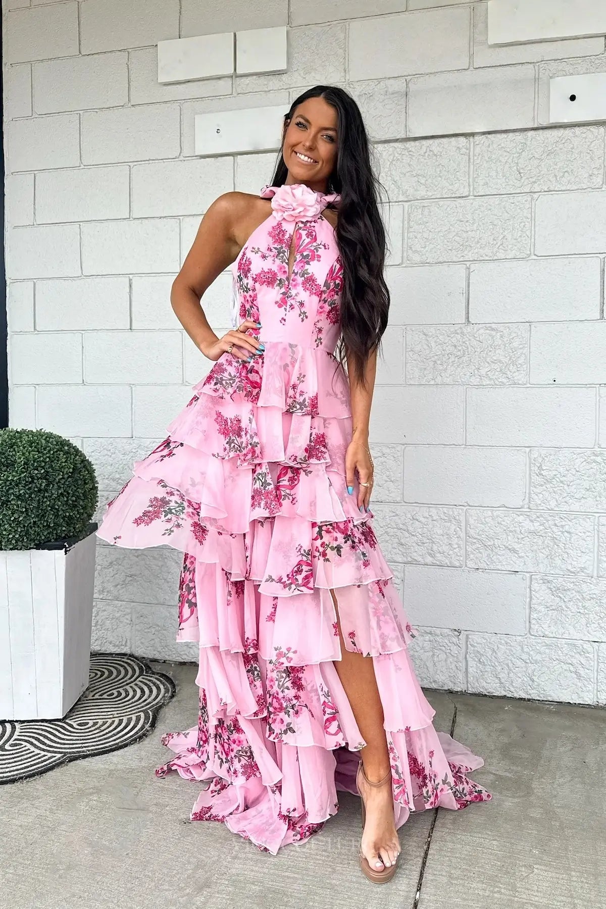 Pink Floral Tiered Ruffle Halter Prom Dress with Rose FP001 vigocouture Pink Floral Tiered Ruffle Halter Prom Dress with Rose FP001 vigocouture