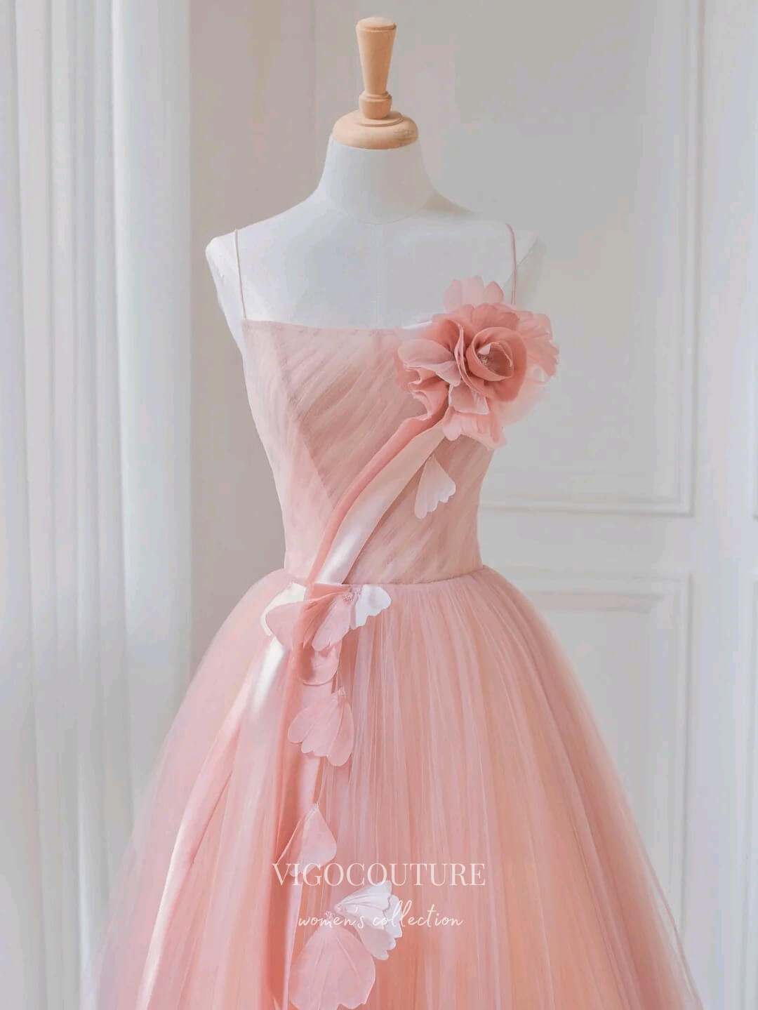 pastel pink formal dresses Pink Floral Prom Dresses Spaghetti Strap Formal Dresses 21154 Custom Colors / US6