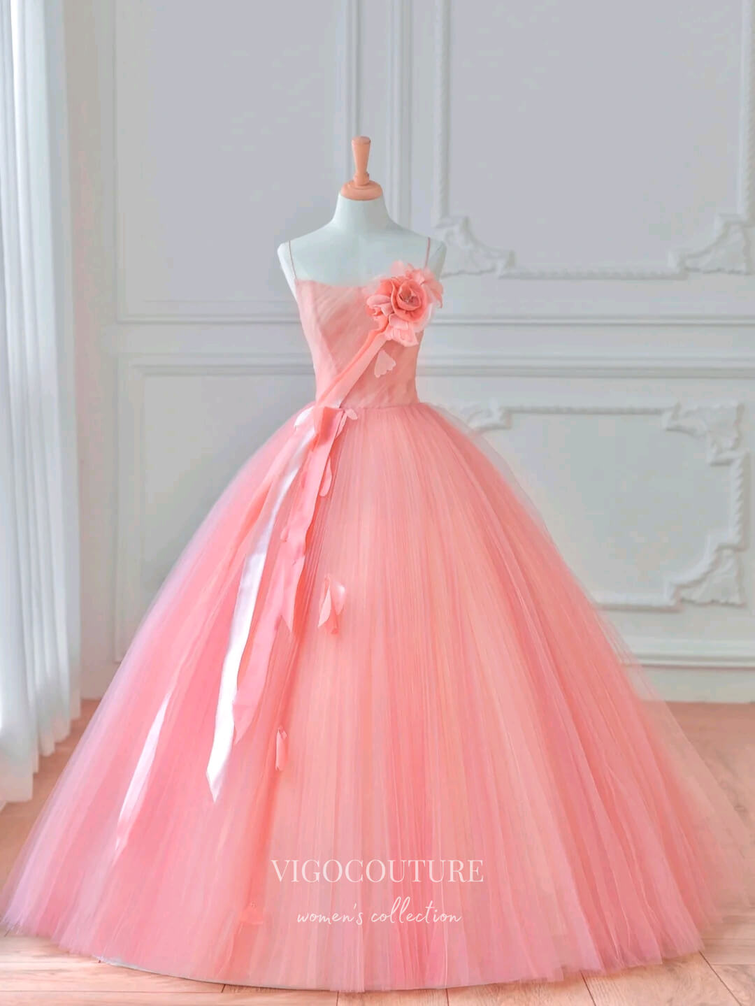 Prom Dress 2025 Pink Floral Quinceanera Dresses Spaghetti Strap Sweet 15 Dresses 21161-unique elegant Prom Dresses-Pink-Custom Size-vigocouture