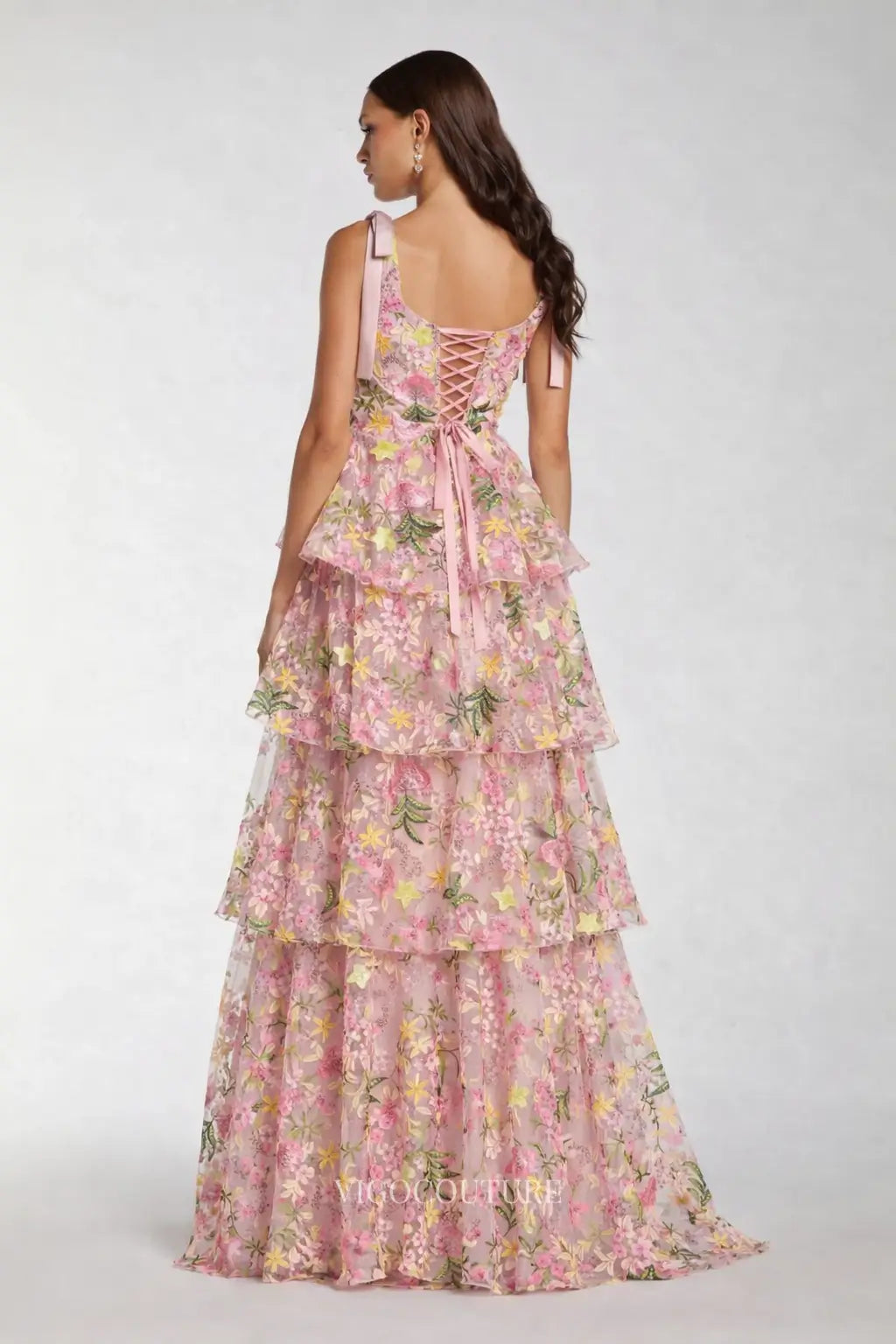 Prom Dresses 2025 to impress Pink Floral Tiered Formal Dress with Square Neck & Tie Straps - VG014-vigocouture-vigocouture
