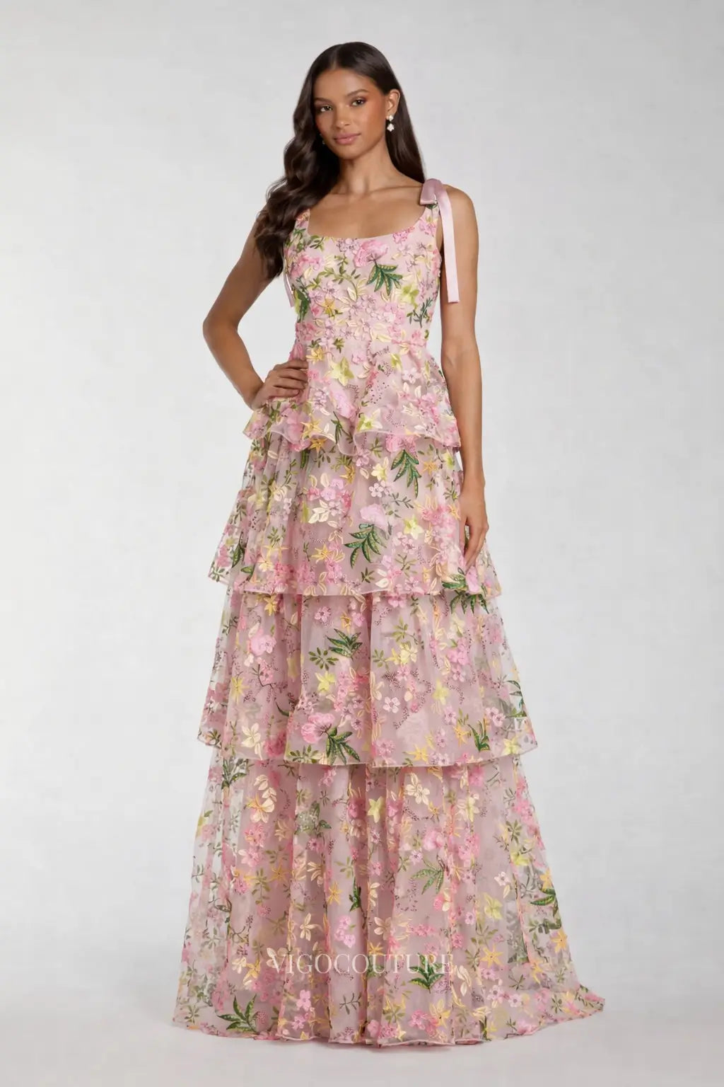 Prom Dresses 2025 to impress Pink Floral Tiered Formal Dress with Square Neck & Tie Straps - VG014-vigocouture-vigocouture