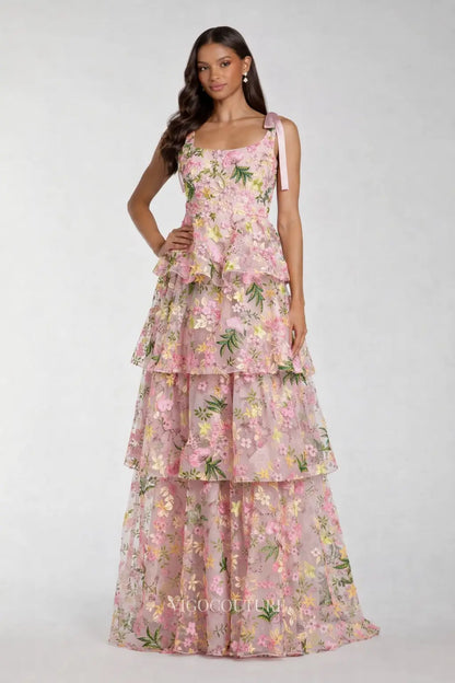 Prom Dresses 2025 to impress Pink Floral Tiered Formal Dress with Square Neck & Tie Straps - VG014-vigocouture-vigocouture