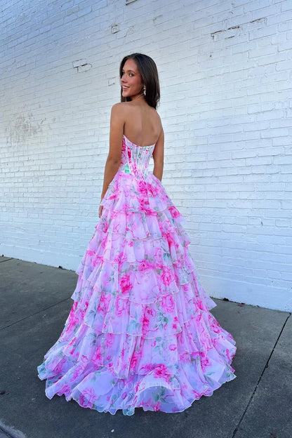 Prom Dresses 2025 to impress Pink Floral Tiered Ruffle Prom Dress with Strapless Corset Bodice & Slit - 26171-vigocouture-vigocouture