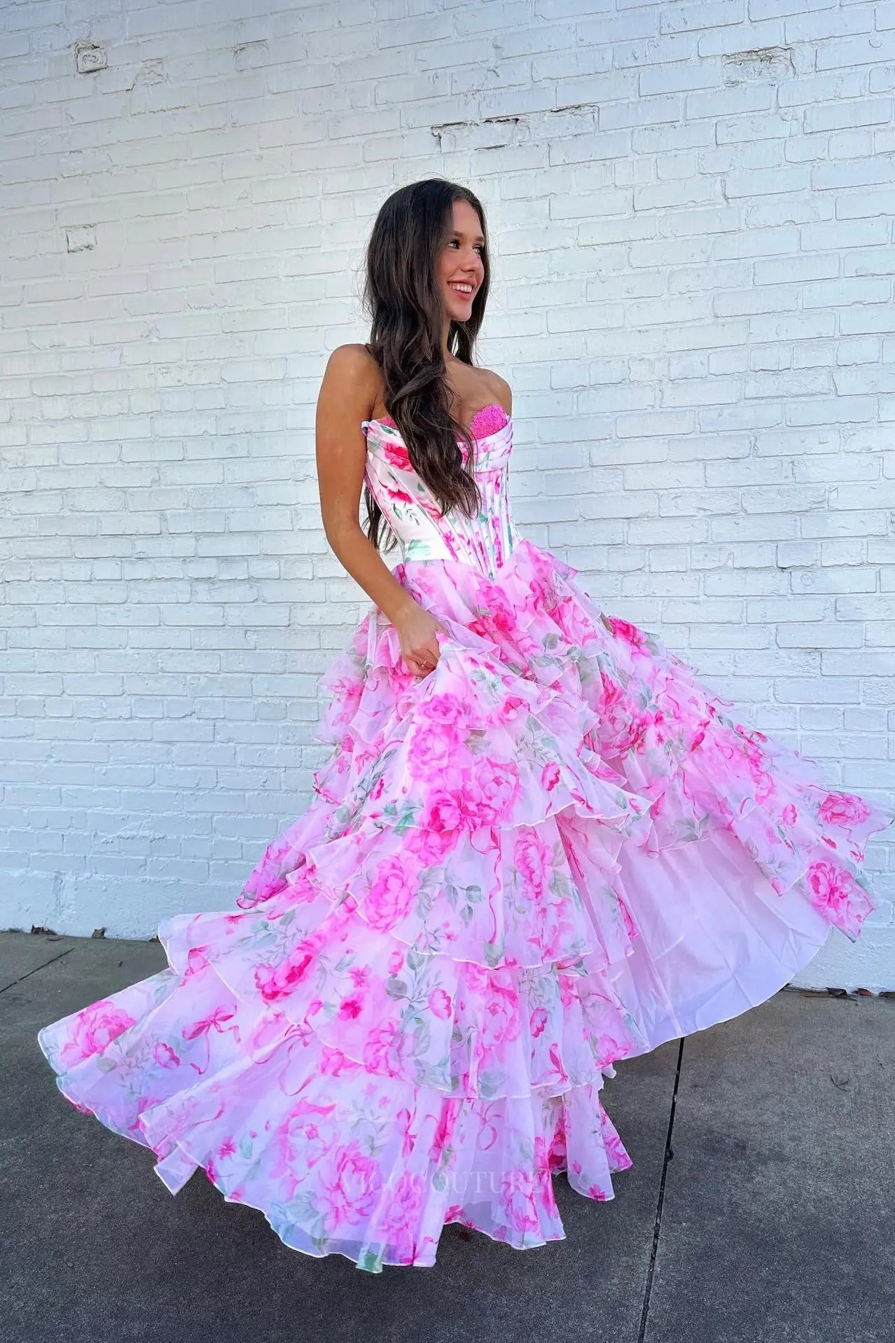 Prom Dresses 2025 to impress Pink Floral Tiered Ruffle Prom Dress with Strapless Corset Bodice & Slit - 26171-vigocouture-vigocouture