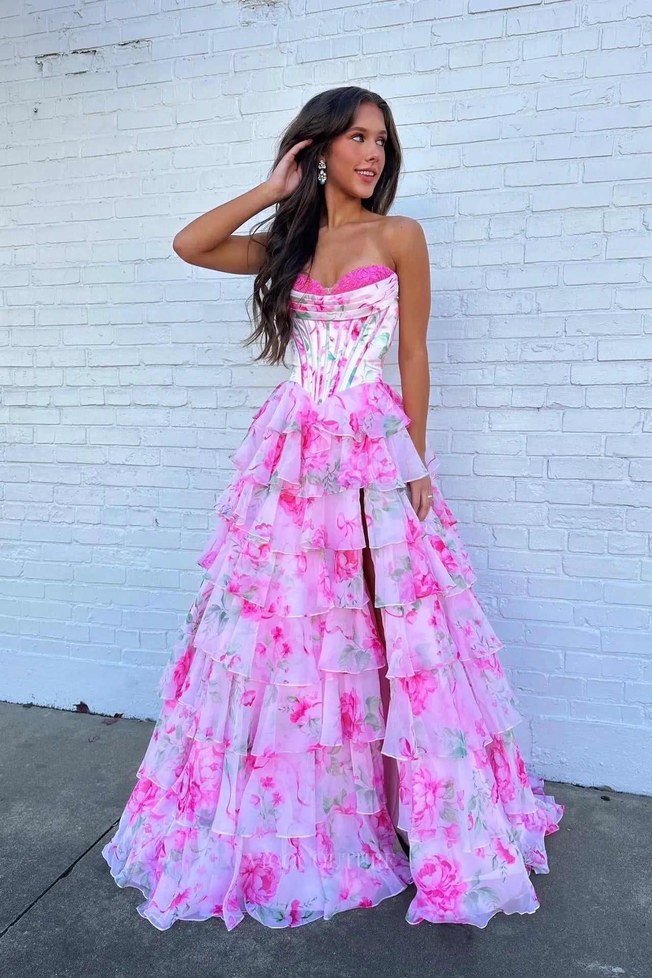 Prom Dresses 2025 to impress Pink Floral Tiered Ruffle Prom Dress with Strapless Corset Bodice & Slit - 26171-vigocouture-vigocouture