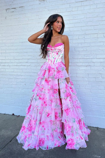 Prom Dresses 2025 to impress Pink Floral Tiered Ruffle Prom Dress with Strapless Corset Bodice & Slit - 26171-vigocouture-vigocouture
