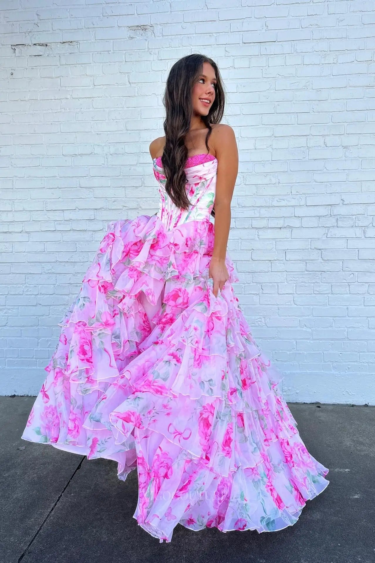 Prom Dresses 2025 to impress Pink Floral Tiered Ruffle Prom Dress with Strapless Corset Bodice & Slit - 26171-vigocouture-vigocouture
