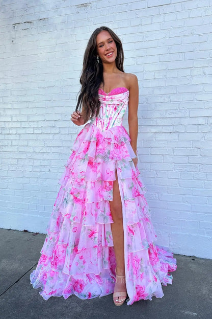 Prom Dresses 2025 to impress Pink Floral Tiered Ruffle Prom Dress with Strapless Corset Bodice & Slit - 26171-vigocouture-vigocouture