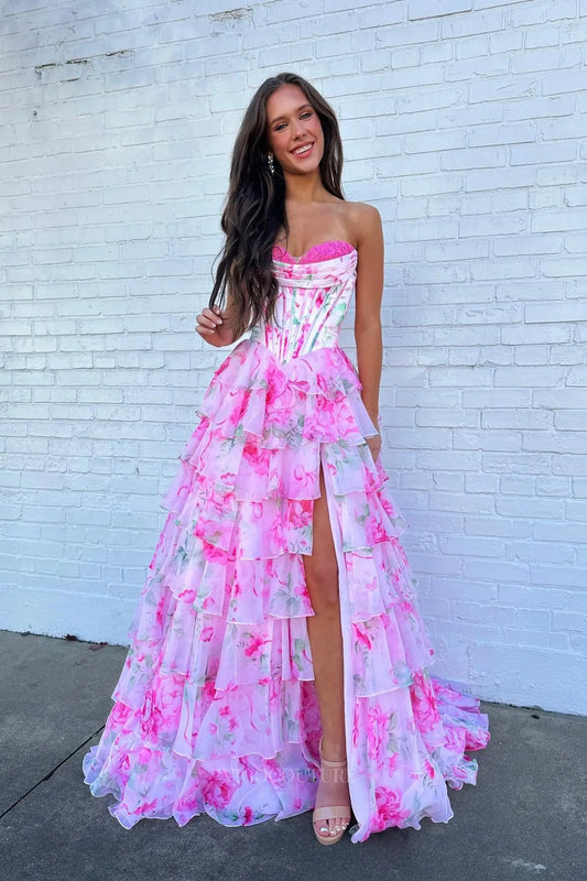 Prom Dresses 2025 to impress Pink Floral Tiered Ruffle Prom Dress with Strapless Corset Bodice & Slit - 26171-vigocouture-vigocouture