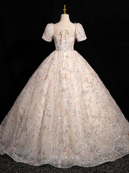 Prom Dresses 2025 to impress Pink Floral Tulle Prom Dresses with Puffed Sleeve, Off the Shoulder, Quinceanera Dresses BG051-vigocouture-vigocouture