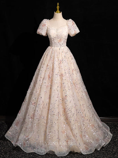 Prom Dresses 2025 to impress Pink Floral Tulle Prom Dresses with Puffed Sleeve, Off the Shoulder, Quinceanera Dresses BG051-vigocouture-vigocouture