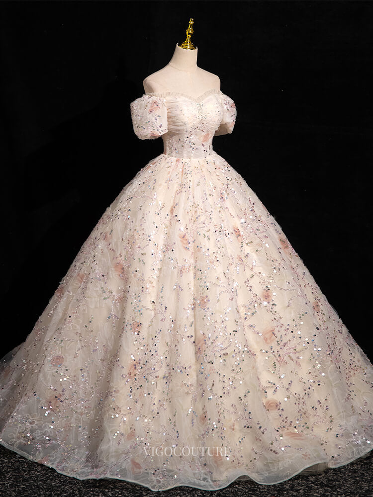 white quince dress with pink flowers White Floral Three-Dimensional Embroidered Quinceanera Dress