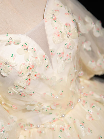 Prom Dresses 2025 to impress Pink Floral Tulle Prom Dresses with Puffed Sleeve, Off the Shoulder, Quinceanera Dresses BG051-vigocouture-vigocouture