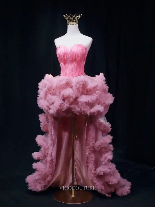 Prom Dresses 2025 to impress Pink High Low Prom Dresses with Feather bodice, Ruffle Bottom, Pageant Dresses SU070-vigocouture-Pink-Custom Size-vigocouture