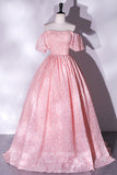 Pink Jacquard Satin Prom Dress with Off-the-Shoulder Design 22301