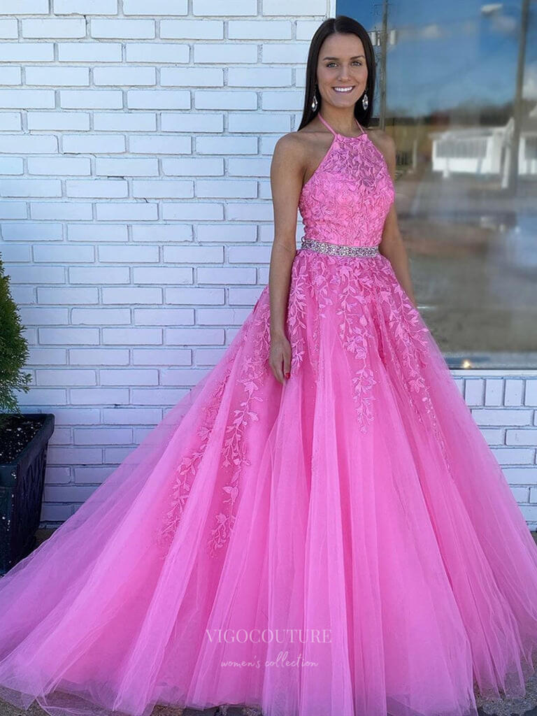 Prom Dress 2025 Pink Lace Applique Cheap Prom Dresses 2024 Halter Neck Beaded Waist 24295-unique elegant Prom Dresses-Pink-Custom Size-vigocouture