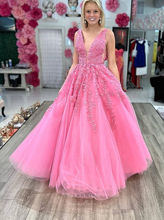 Prom Dress 2025 Pink Lace Applique Cheap Prom Dresses 2024 Plunging V-Neck 24293-unique elegant Prom Dresses-Pink-Custom Size-vigocouture