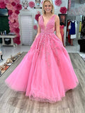 Pink Lace Applique Cheap Prom Dresses 2024 Plunging V-Neck 24293