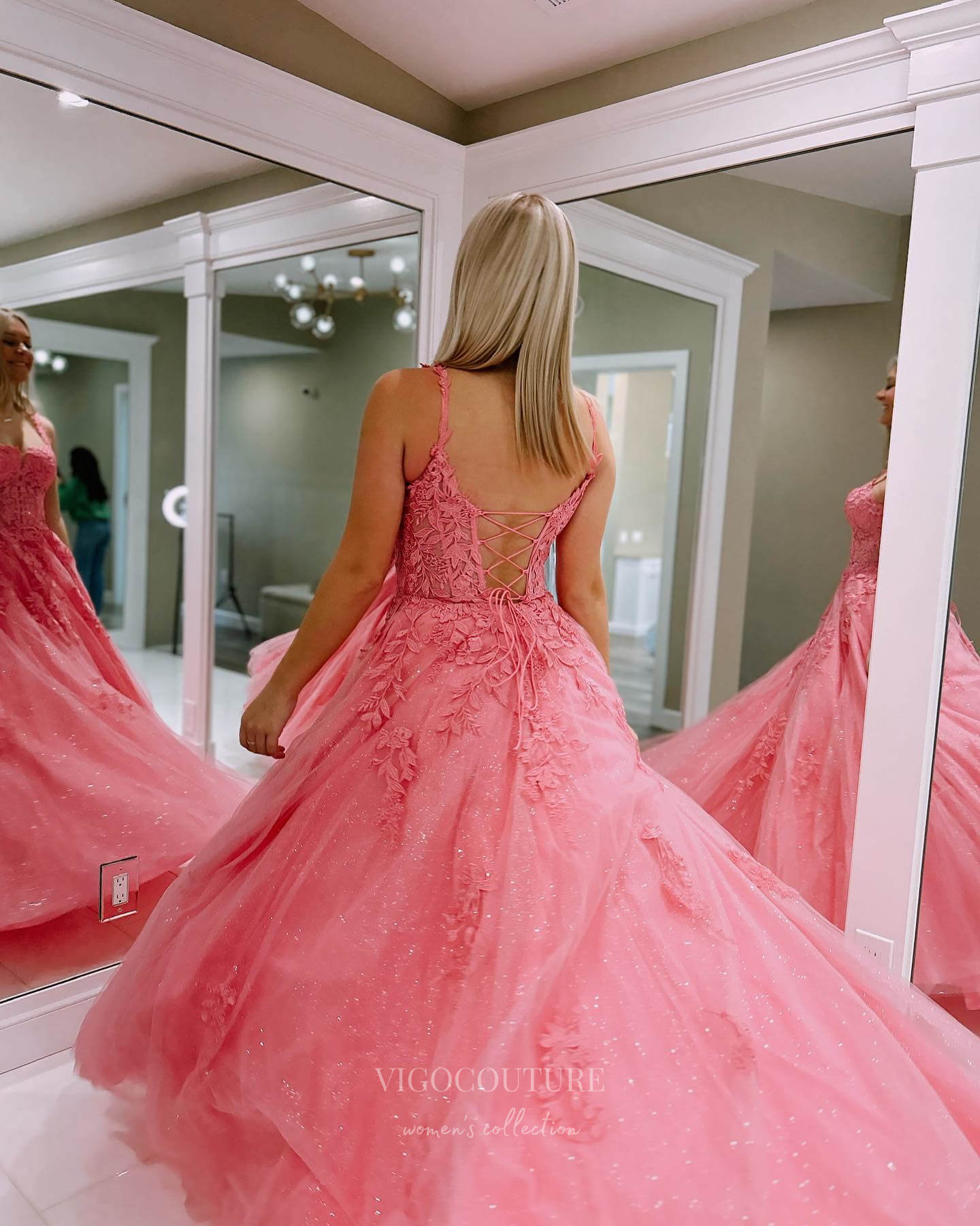 Prom Dress 2025 Pink Lace Applique Cheap Prom Dresses 2024 Sparkly Tulle Lace Up Back 24300-unique elegant Prom Dresses-Pink-Custom Size-vigocouture