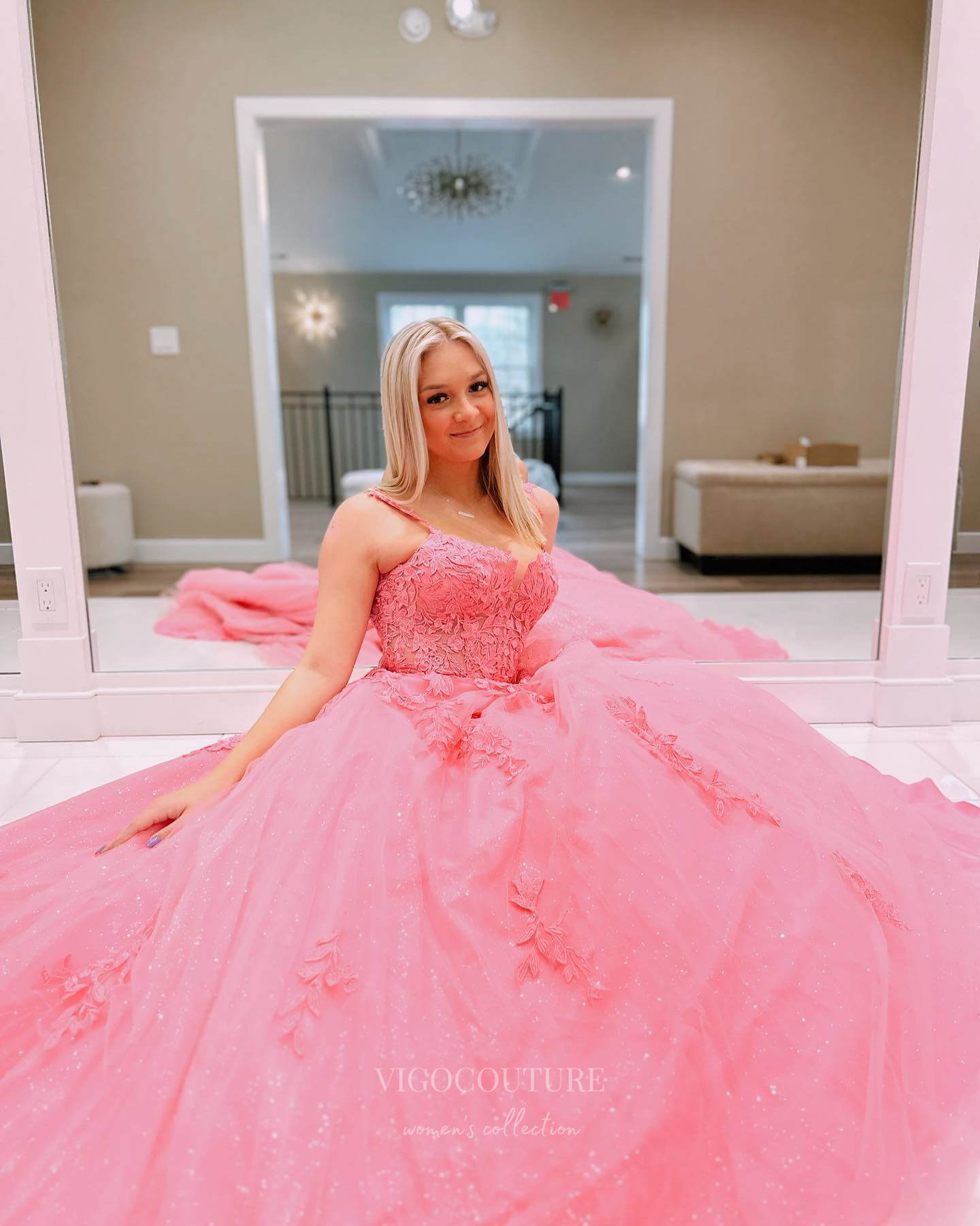 Prom Dress 2025 Pink Lace Applique Cheap Prom Dresses 2024 Sparkly Tulle Lace Up Back 24300-unique elegant Prom Dresses-Pink-Custom Size-vigocouture