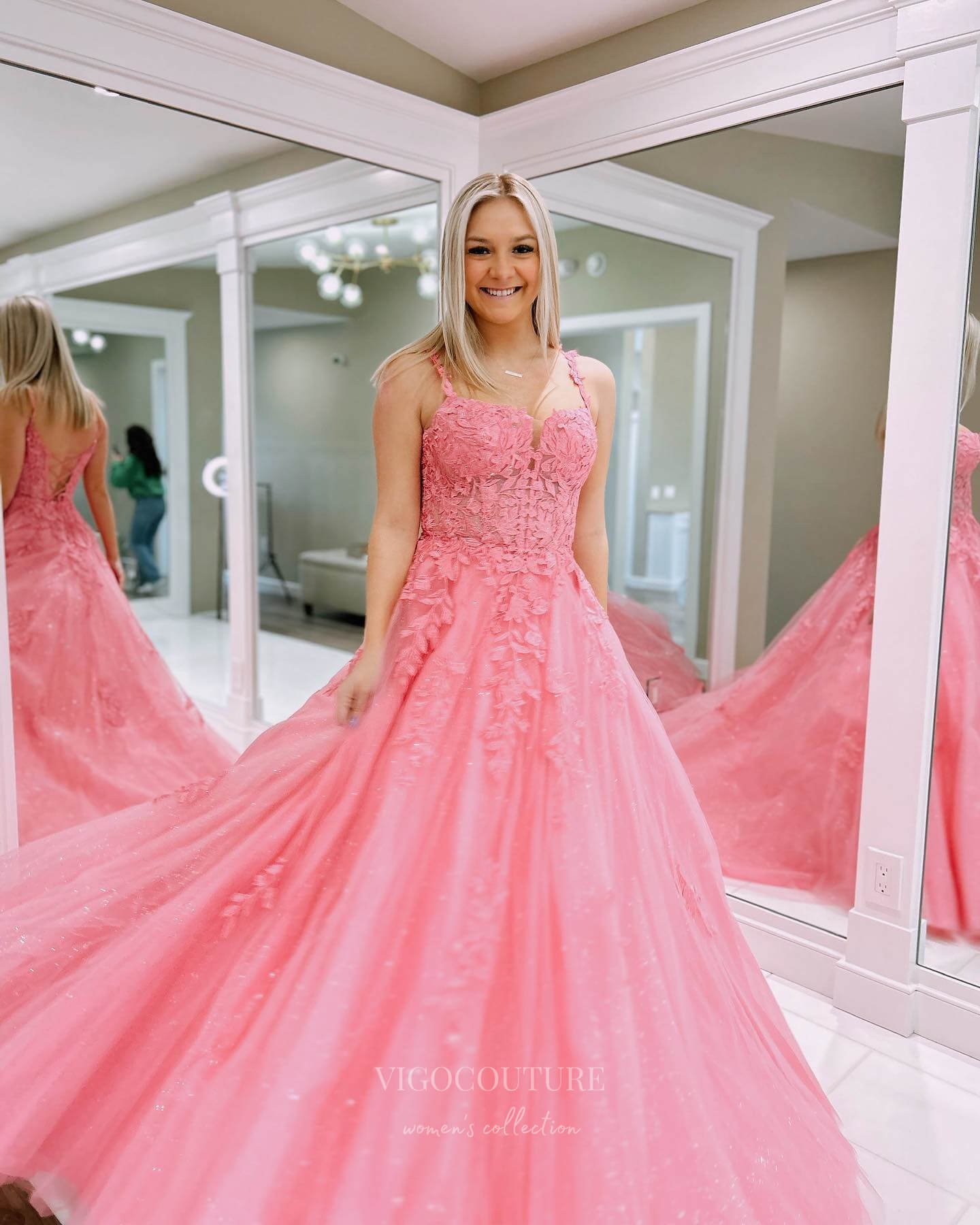 Prom Dress 2025 Pink Lace Applique Cheap Prom Dresses 2024 Sparkly Tulle Lace Up Back 24300-unique elegant Prom Dresses-Pink-Custom Size-vigocouture