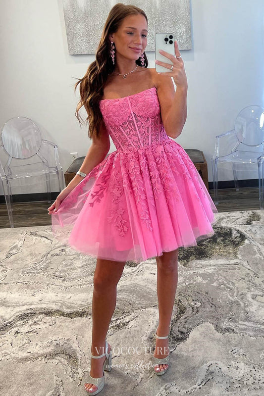 Short Prom Dresses 2025 Pink Lace Applique Homecoming Dresses Strapless Back to School Dress hc455-Prom Dresses-vigocouture-Pink-Custom Size-vigocouture