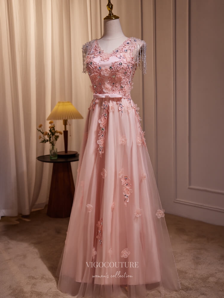 Prom Dress 2025 Pink Lace Applique Prom Dresses 2024 Beaded String V-Neck 24247-unique elegant Prom Dresses-Pink-Custom Size-vigocouture