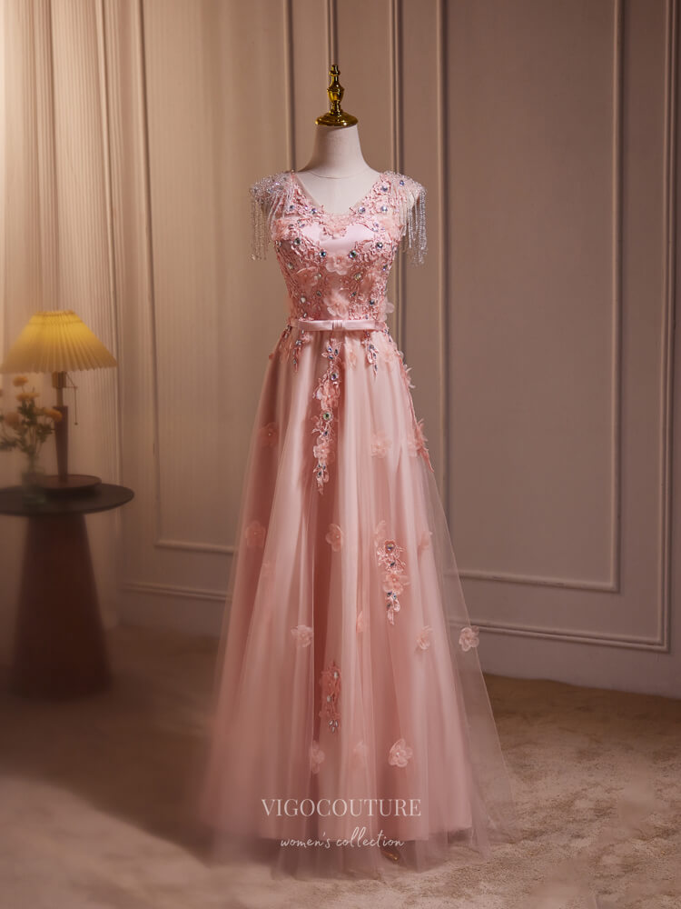 Prom Dress 2025 Pink Lace Applique Prom Dresses 2024 Beaded String V-Neck 24247-unique elegant Prom Dresses-Pink-Custom Size-vigocouture