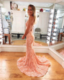 Prom Dress 2025 Pink Lace Applique Prom Dresses Halter Neck Mermaid Evening Dress 21928-unique elegant Prom Dresses-Pink-US2-vigocouture