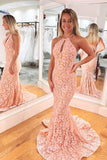 Pink Lace Applique Prom Dresses Halter Neck Mermaid Evening Dress 21928