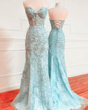 Prom Dress 2025 Pink Lace Applique Prom Dresses Mermaid Sweetheart Neck Evening Dress 21680A-unique elegant Prom Dresses-Blue-US0-vigocouture