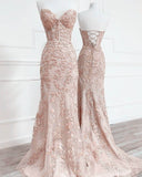 Prom Dress 2025 Pink Lace Applique Prom Dresses Mermaid Sweetheart Neck Evening Dress 21680A-unique elegant Prom Dresses-Champagne-US0-vigocouture