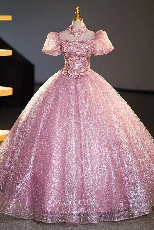 Prom Dress 2025 Pink Lace Applique Prom Dresses Puffed Sleeve Quinceanera Dress 22352-unique elegant Prom Dresses-Pink-Custom Size-Ball Gown-vigocouture