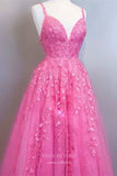 Prom Dress 2025 Pink Lace Applique Prom Dresses Spaghetti Strap Formal Gown 22034-unique elegant Prom Dresses-Pink-Custom Size-vigocouture