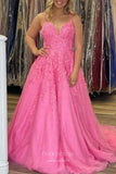 Prom Dress 2025 Pink Lace Applique Prom Dresses Spaghetti Strap Formal Gown 22034-unique elegant Prom Dresses-Pink-Custom Size-vigocouture