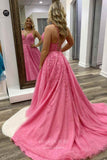 Pink Lace Applique Prom Dresses Spaghetti Strap Formal Gown 22034