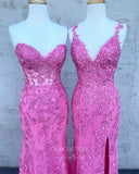 Prom Dress 2025 Pink Lace Applique Prom Dresses With Slit Mermaid Evening Dress 21680-unique elegant Prom Dresses-Pink-A-US0-vigocouture