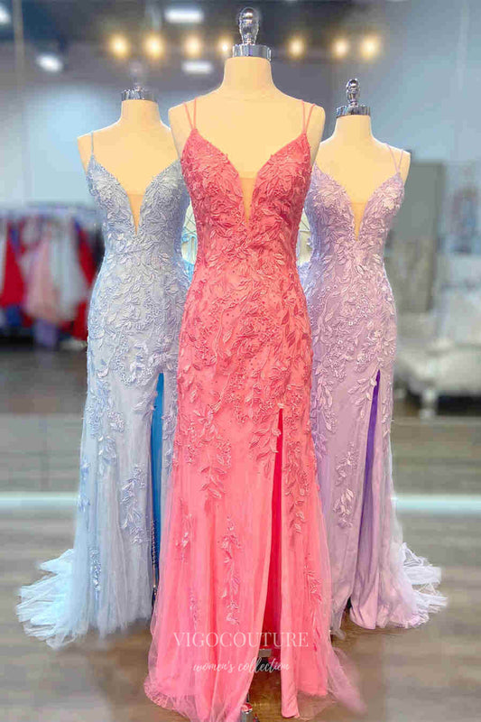 Prom Dress 2025 Pink Lace Applique Prom Dresses with Slit Mermaid Evening Dress 21873-unique elegant Prom Dresses-Pink-US2-vigocouture