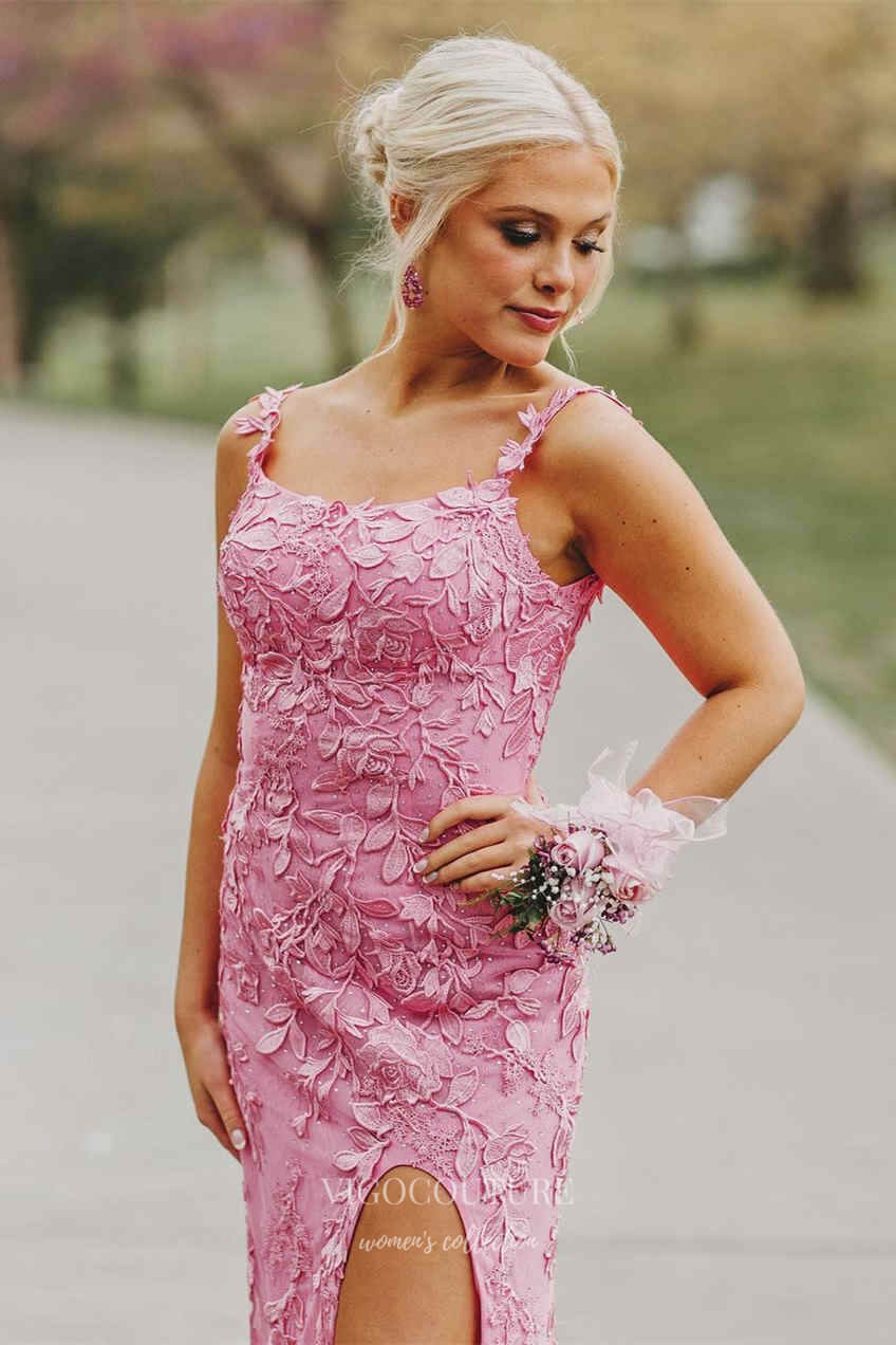 Prom Dress 2025 Pink Lace Applique Prom Dresses With Slit Mermaid Spaghetti Strap Evening Dress 21871-unique elegant Prom Dresses-Pink-US2-vigocouture