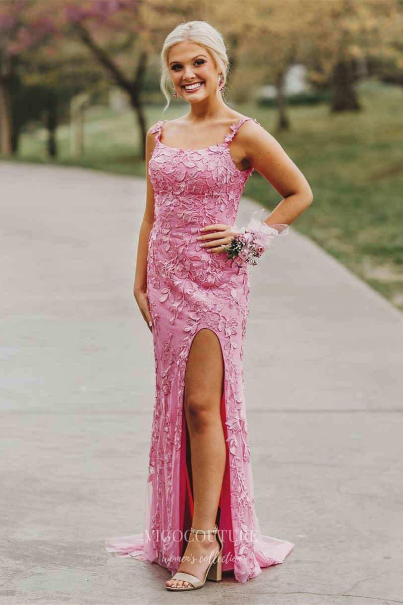 Prom Dress 2025 Pink Lace Applique Prom Dresses With Slit Mermaid Spaghetti Strap Evening Dress 21871-unique elegant Prom Dresses-Pink-US2-vigocouture