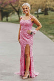 Pink Lace Applique Prom Dresses With Slit Mermaid Spaghetti Strap Evening Dress 21871