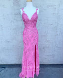 Prom Dress 2025 Pink Lace Applique Prom Dresses With Slit Mermaid V-Neck Evening Dress 21680B-unique elegant Prom Dresses-Pink-US0-vigocouture