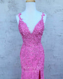 Prom Dress 2025 Pink Lace Applique Prom Dresses With Slit Mermaid V-Neck Evening Dress 21680B-unique elegant Prom Dresses-Pink-US0-vigocouture