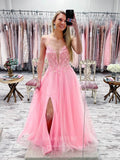 Prom Dress 2025 Pink Lace Applique Prom Dresses With Slit Spaghetti Strap Evening Dress 21760-unique elegant Prom Dresses-Pink-US2-vigocouture